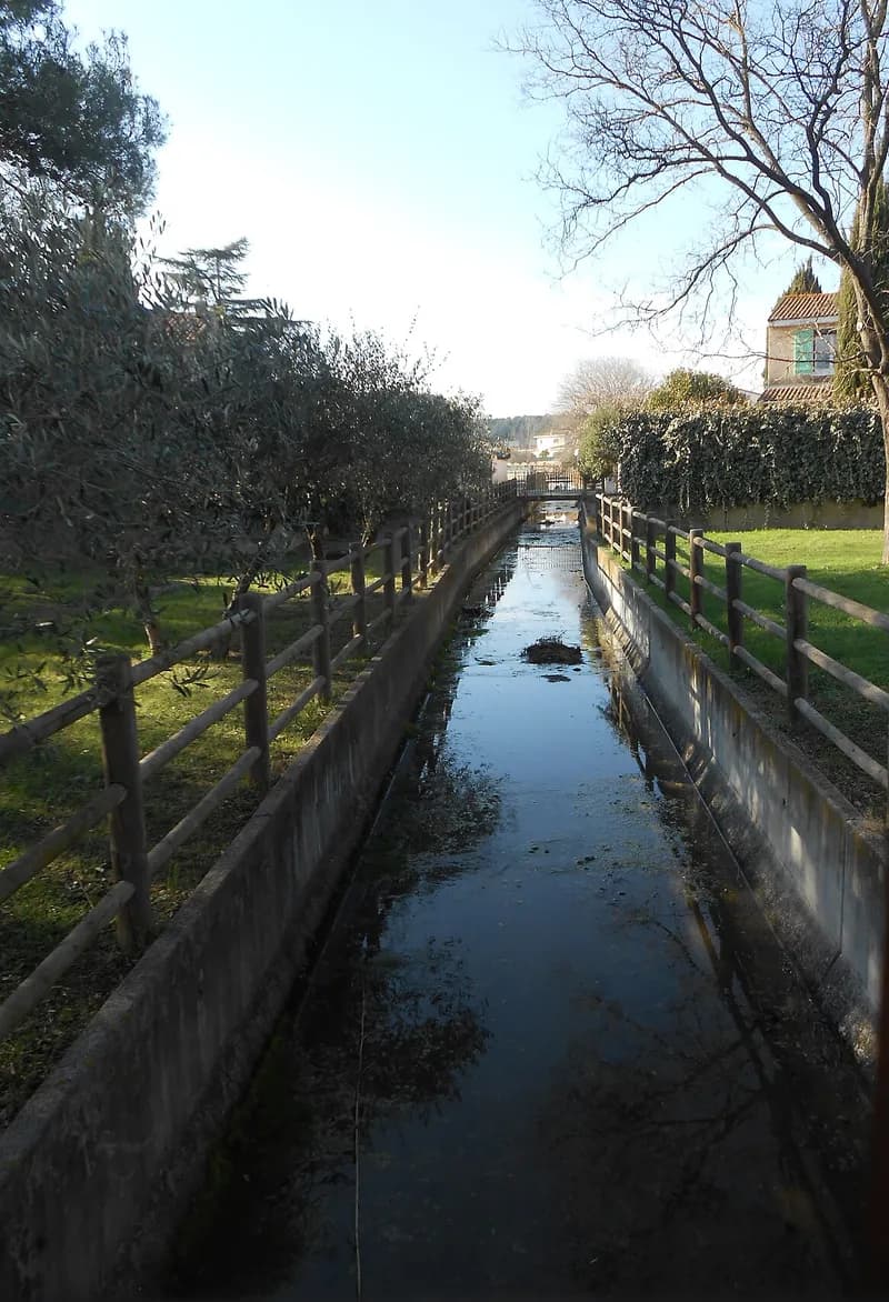 Le ruisseau de la Ribeyrole canalisé entre deux clôtures en bois, à Jacou